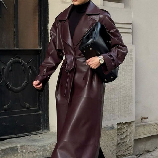 Manteau Ceinturé en Simili Cuir Doublé